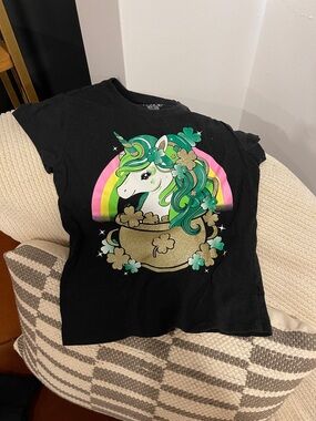 The Children's Place Black Unicorn Graphic Tee with Green & Gold Accents